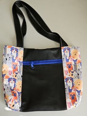 Black Shoulder Tote Bag with Colorful Dog-Print Panels